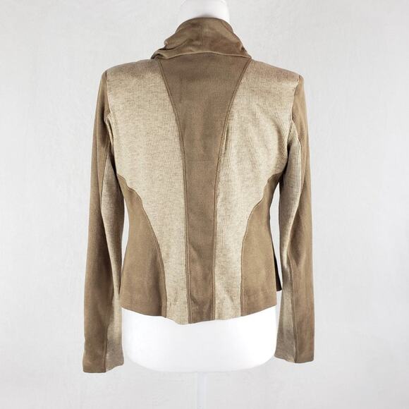 Aryn K Blazer Women S Tan & Cream Microfiber Waterfall Front Jacket Color Block - Picture 3 of 7